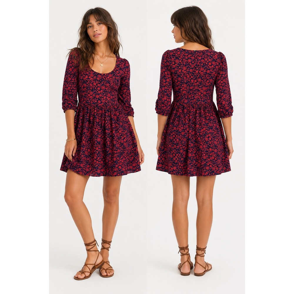 Mata Traders Seraphina Floral Dress XS Navy Red Cotton Fit Flare Mini Cottage